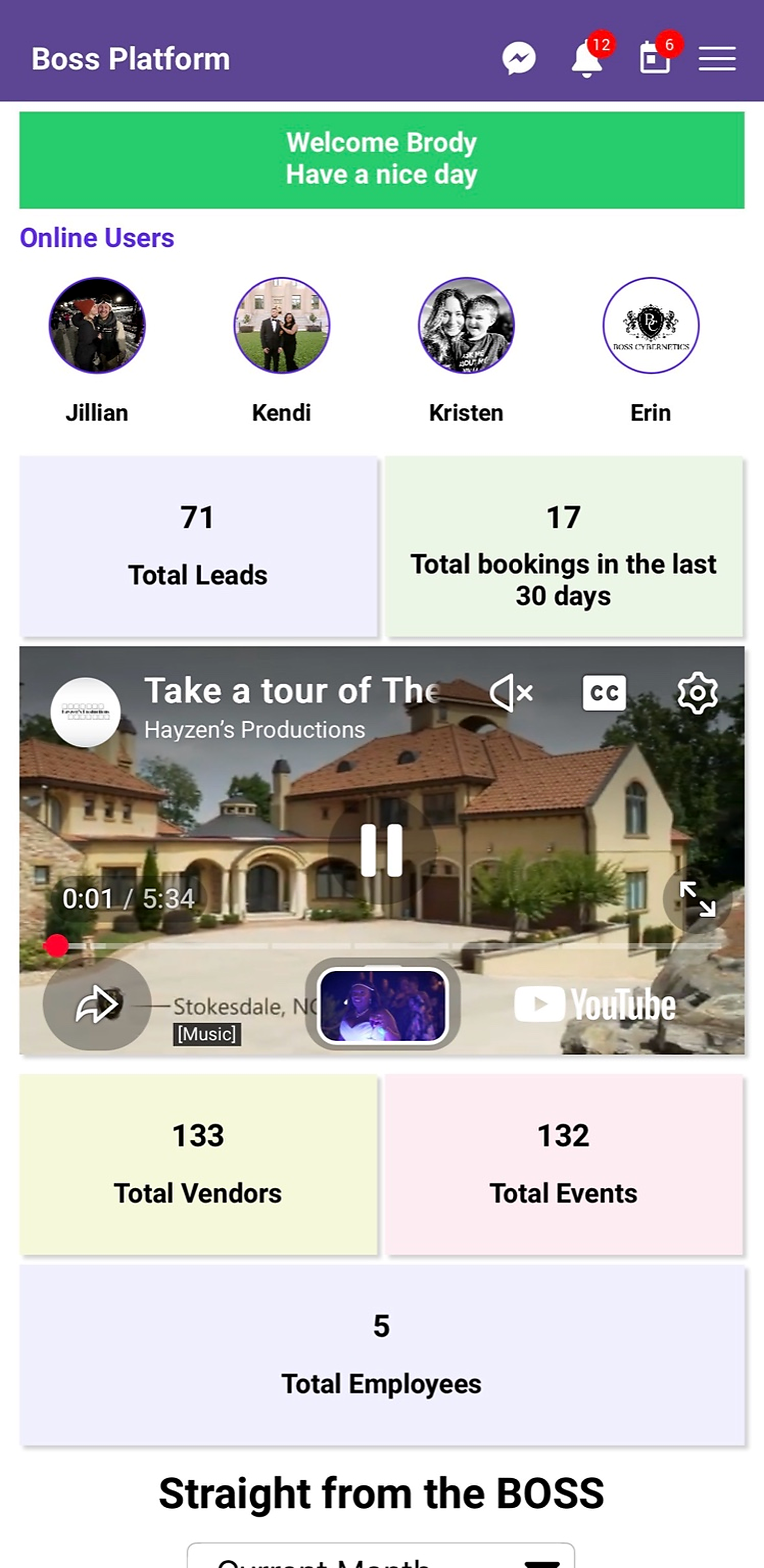 Actual BOSS mobile dashboard