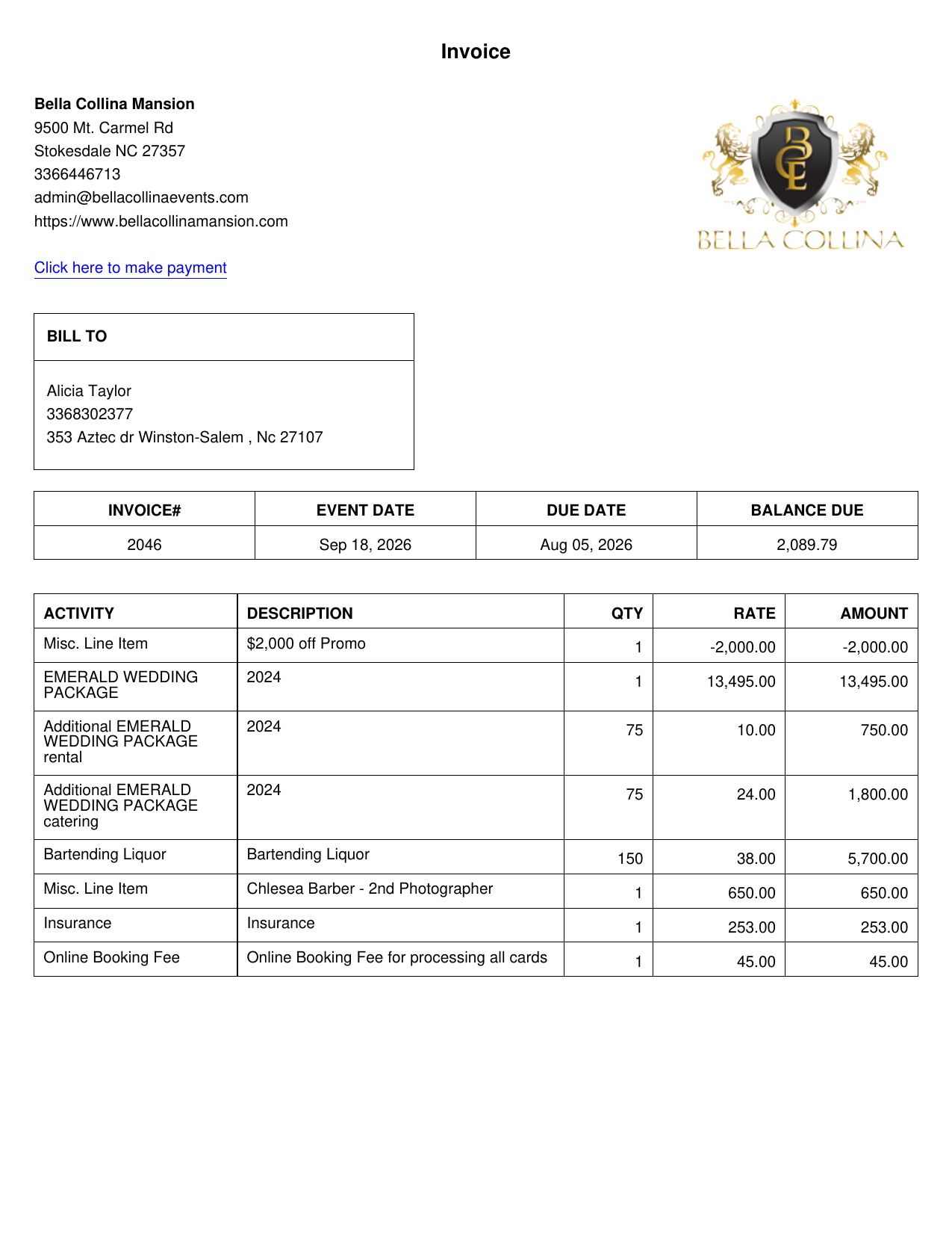 Example invoice generated through BOSS